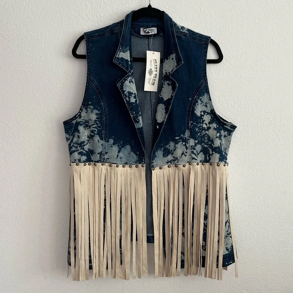 NWT Crazy Train Denim Fringe Acid Wash Vest